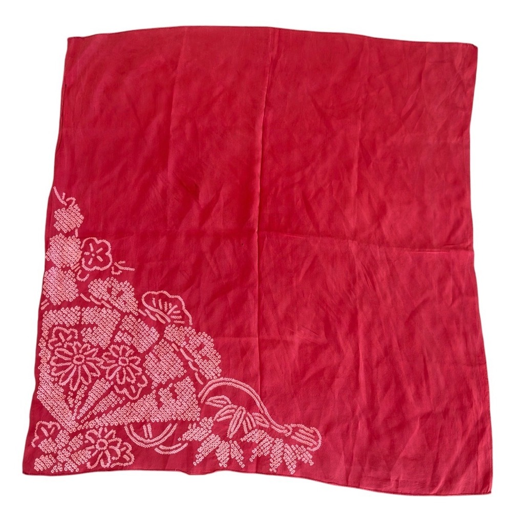 Vintage Red Silk Shibori Floral Square Scarf 27x27 Hand Dyed Style